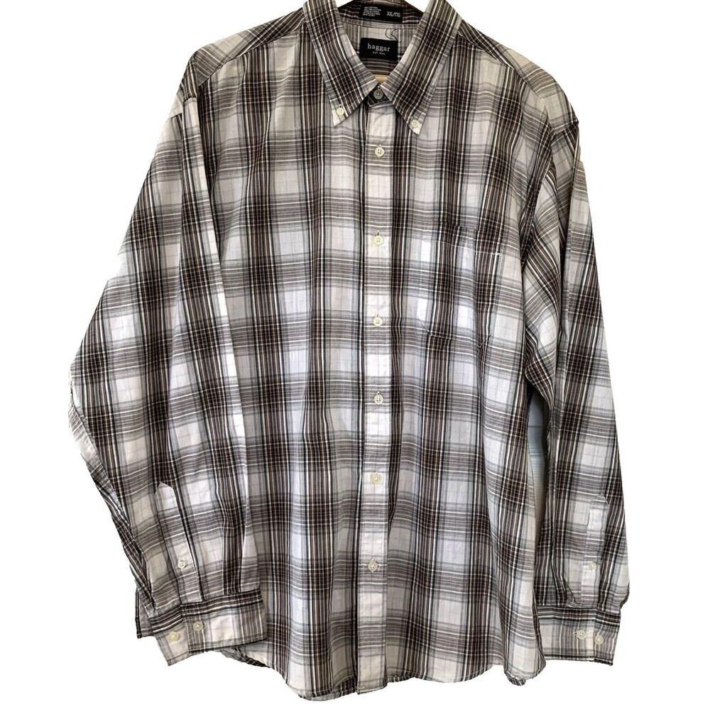 Haggar Plaid Shirt Mens XXL Cotton Brown Button-Down Collar Preppy Academia